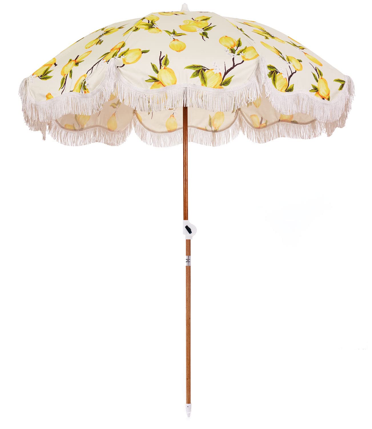 Business & Pleasure Co. umbrella front view showing vintage lemons canopy and shade benefit
