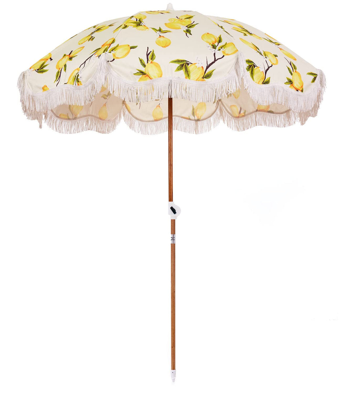 Business & Pleasure Co. umbrella front view showing vintage lemons canopy and shade benefit