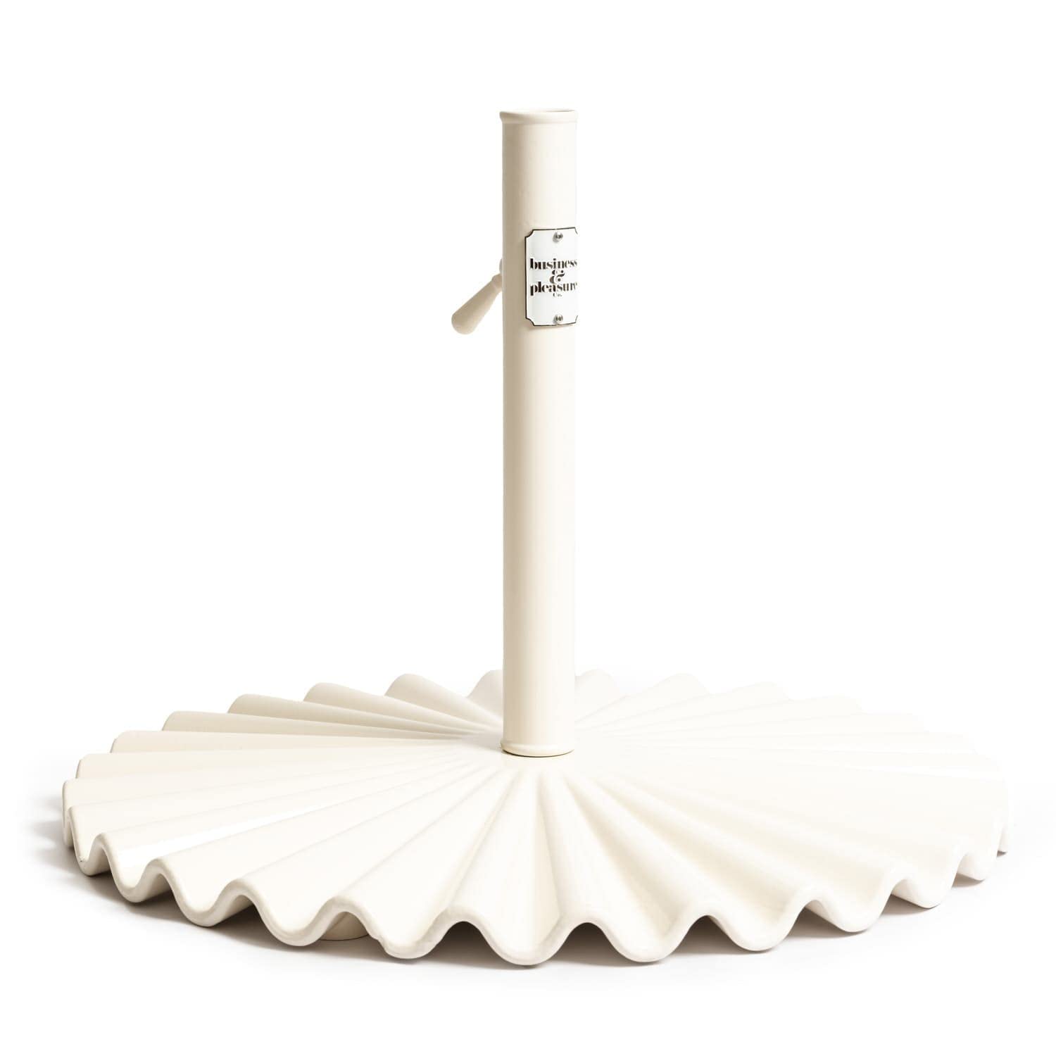Business & Pleasure Co. Clamshell Base front view showing stable antique white finish and elegant silhouette