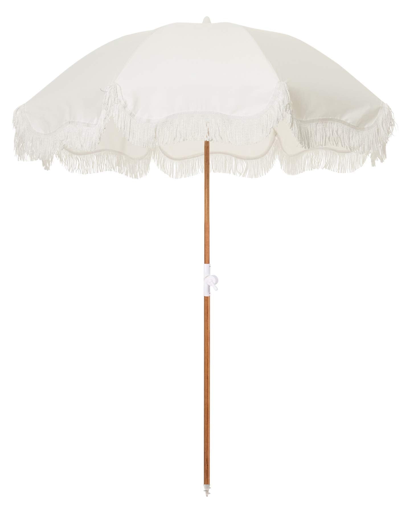 Business & Pleasure Co. umbrella front view showing full canopy and vintage fringe for stylish shade