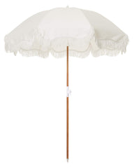 Business & Pleasure Co. umbrella front view showing full canopy and vintage fringe for stylish shade