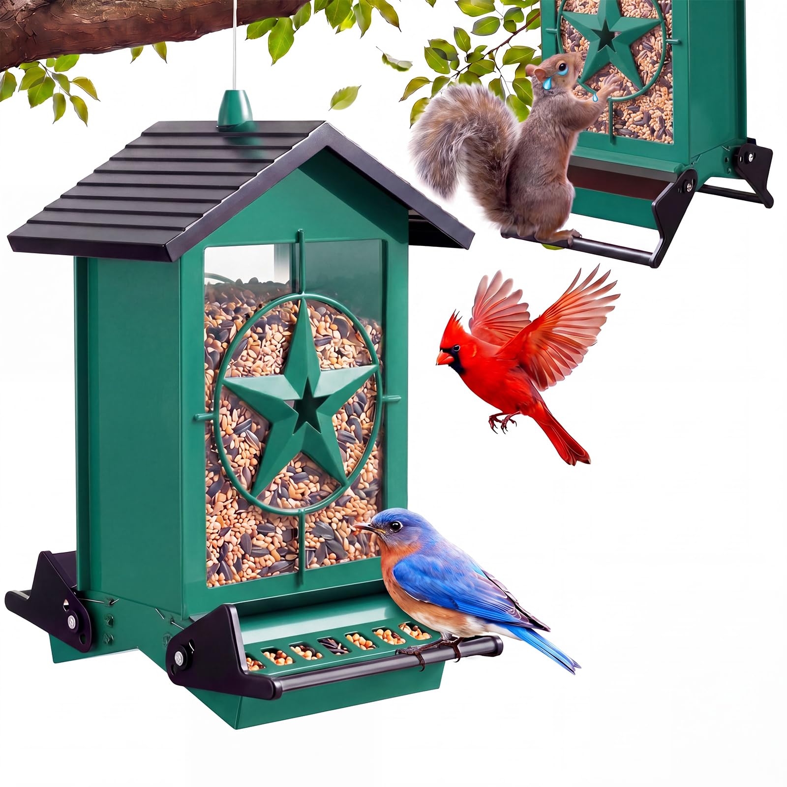buteafly front view of blue feeder showing hanging design and bird access benefits