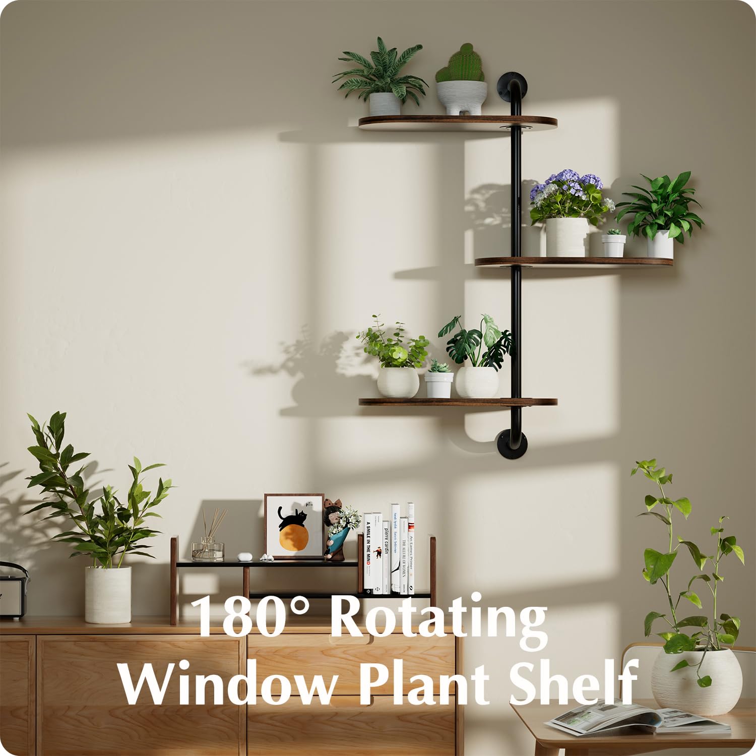 BUTUNITA shelf installed on kitchen window showing herbs benefiting from optimal sunlight