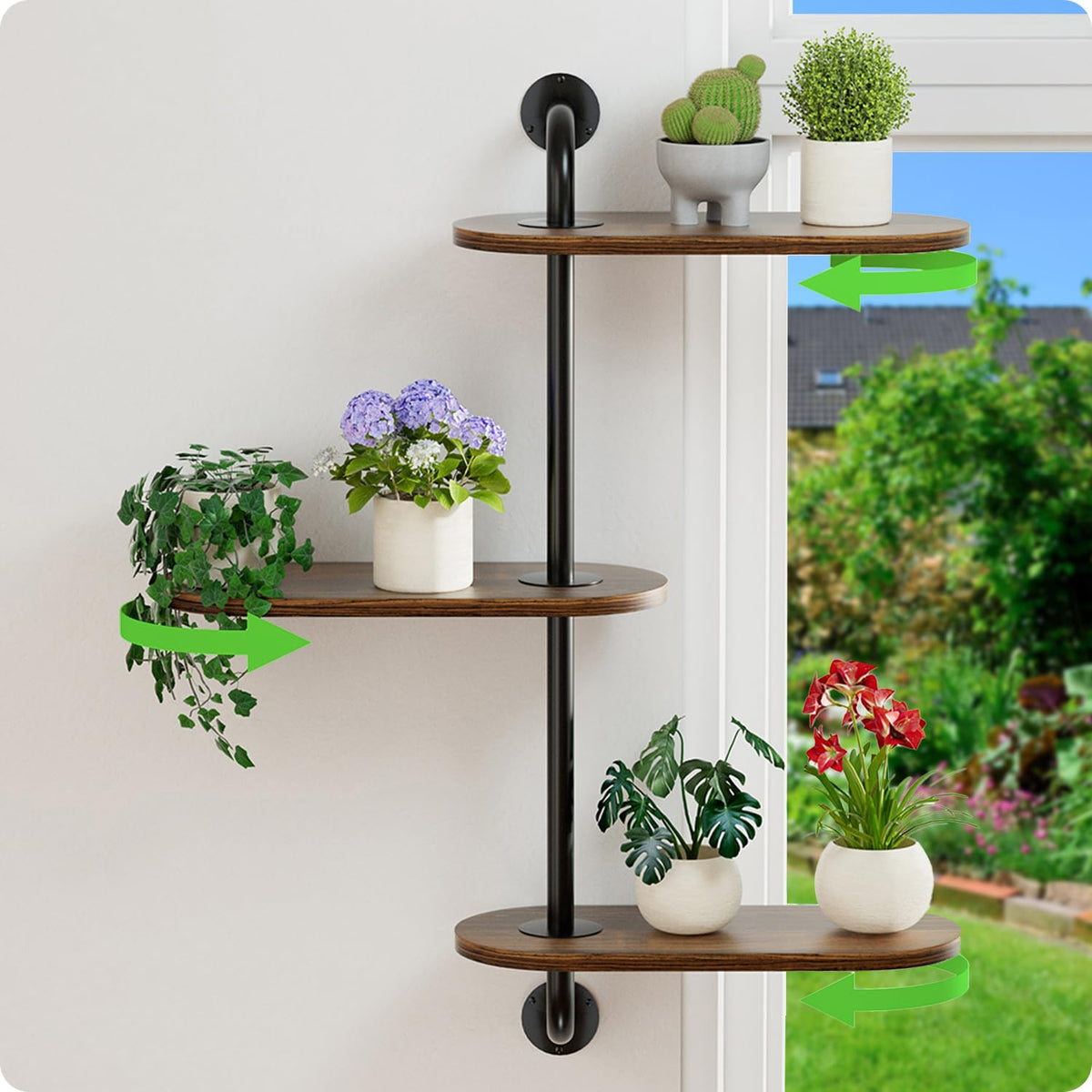 BUTUNITA front view of 3-tier shelf showing space-saving rotation and display benefit
