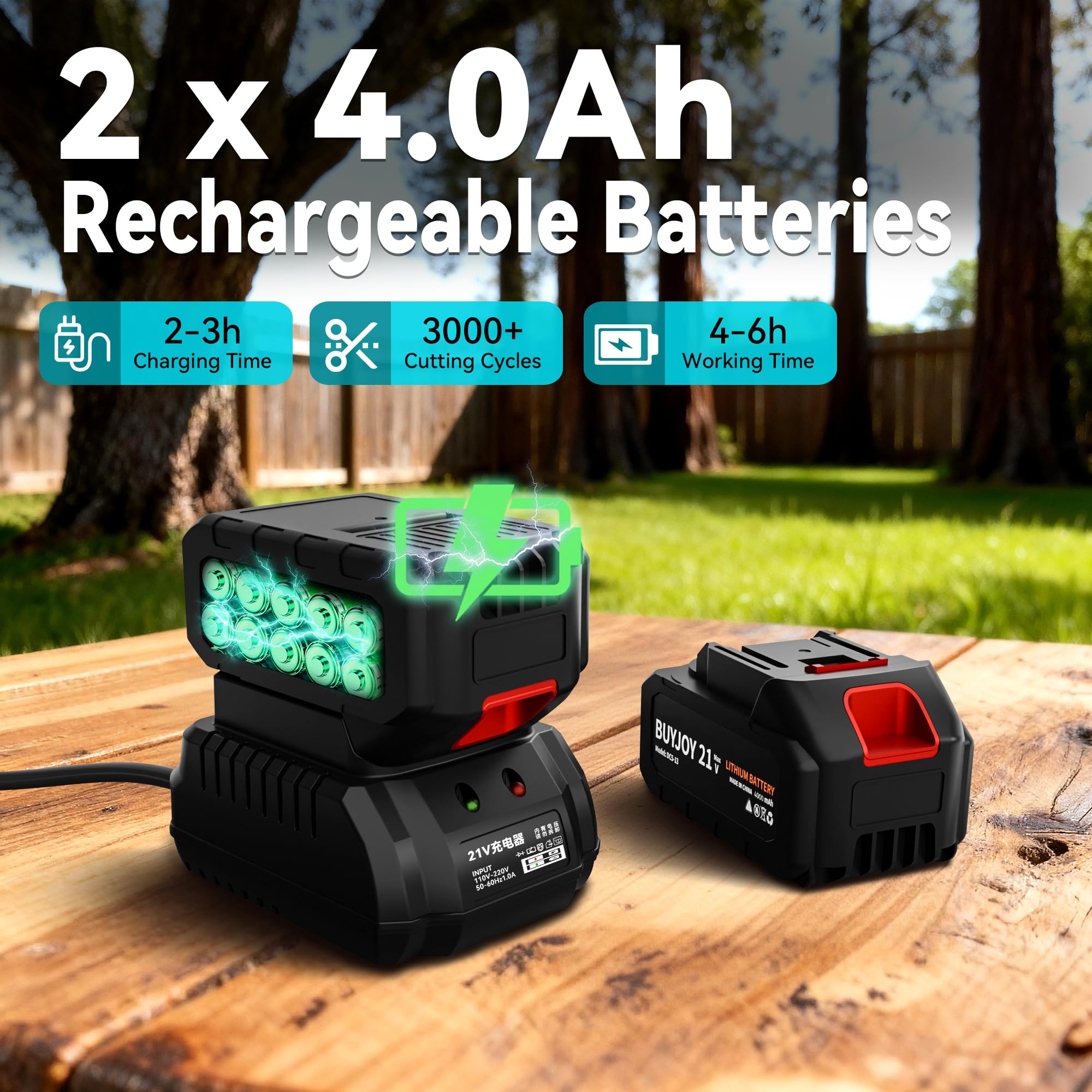 BuyJoy batteries with fast charger showing quick recharge and extended runtime