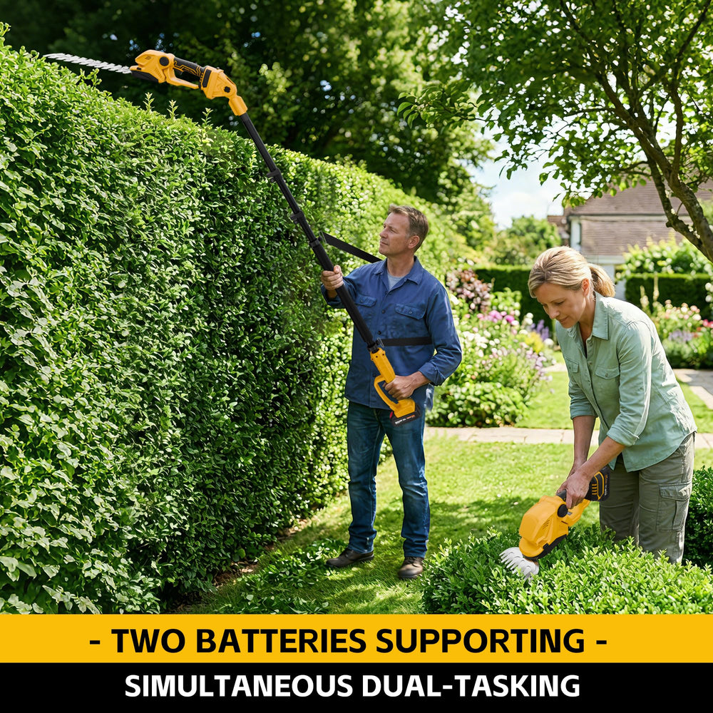 BuyJoy cutting a high branch from ground level showing ladder-free safety