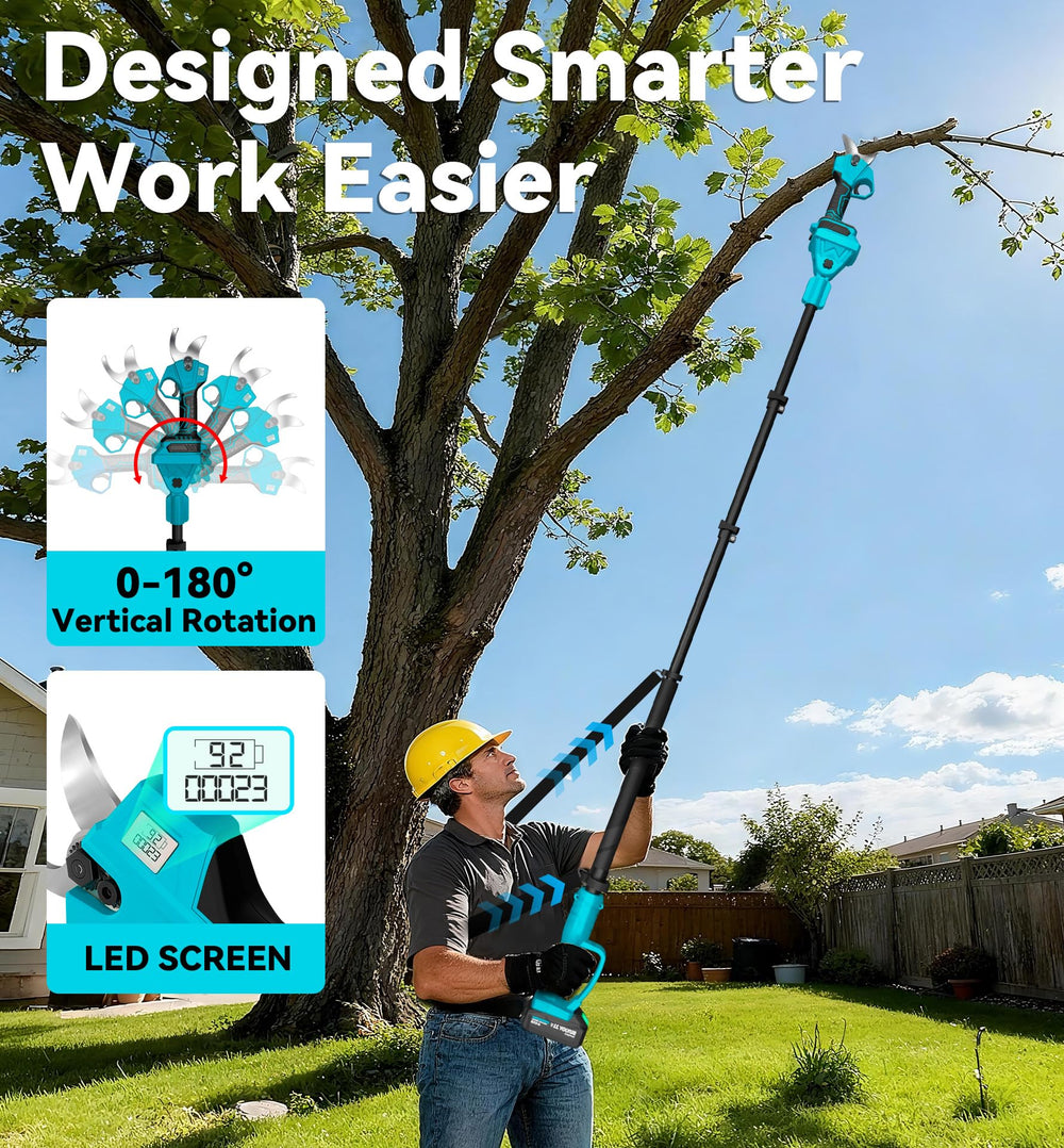 BuyJoy pruner in use cutting overhead branch demonstrating safe elevated trimming