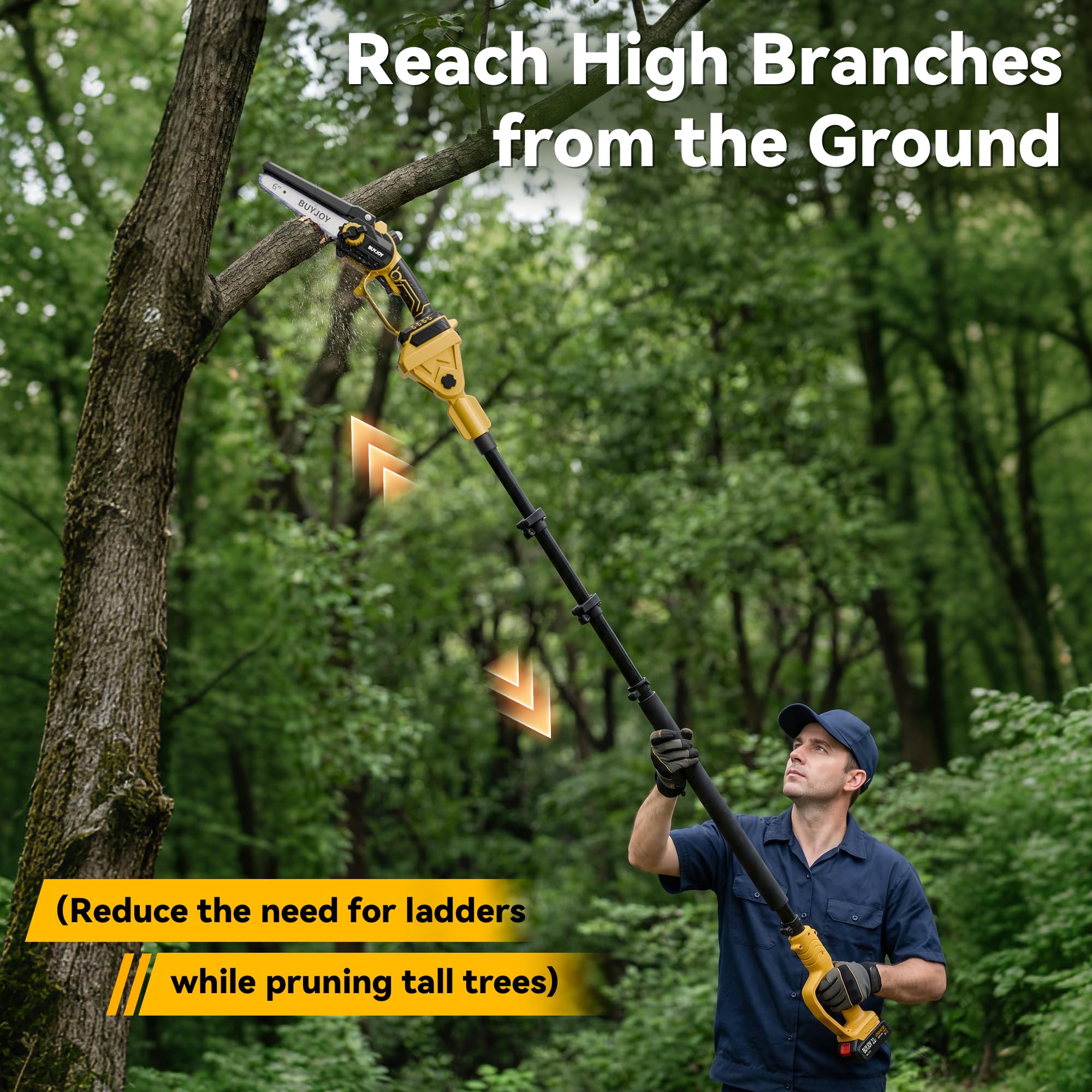 BuyJoy pole saw in use cutting a tall branch demonstrating safety