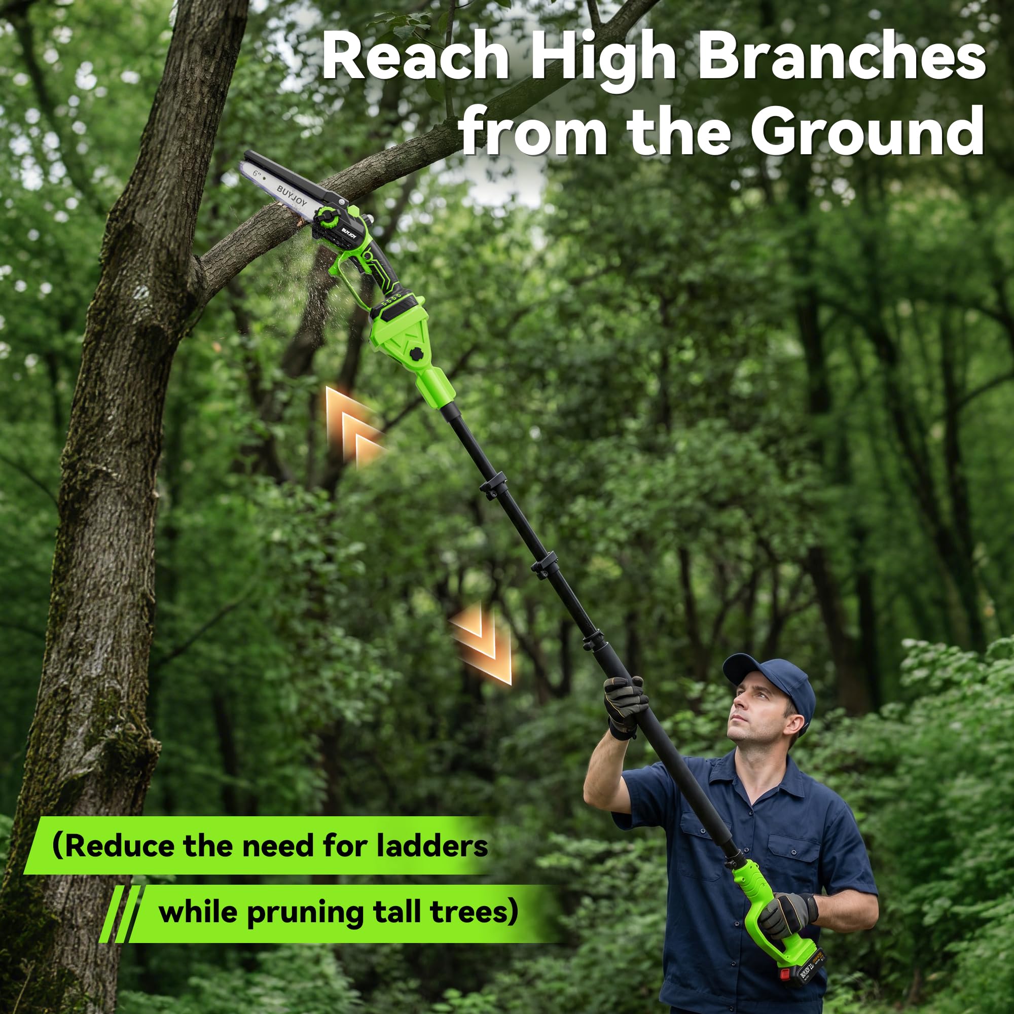 BuyJoy pole saw cutting a high branch demonstrating safe ground trimming