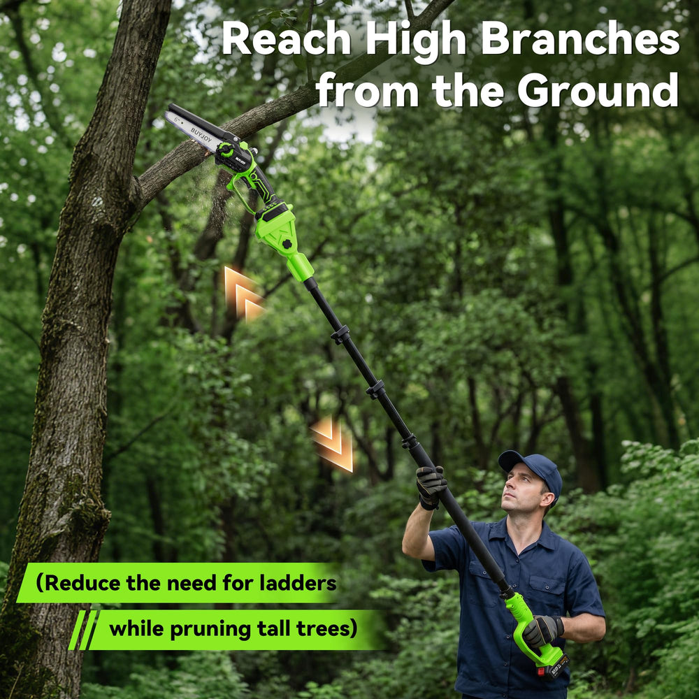 BuyJoy pole saw cutting a high branch demonstrating safe ground trimming