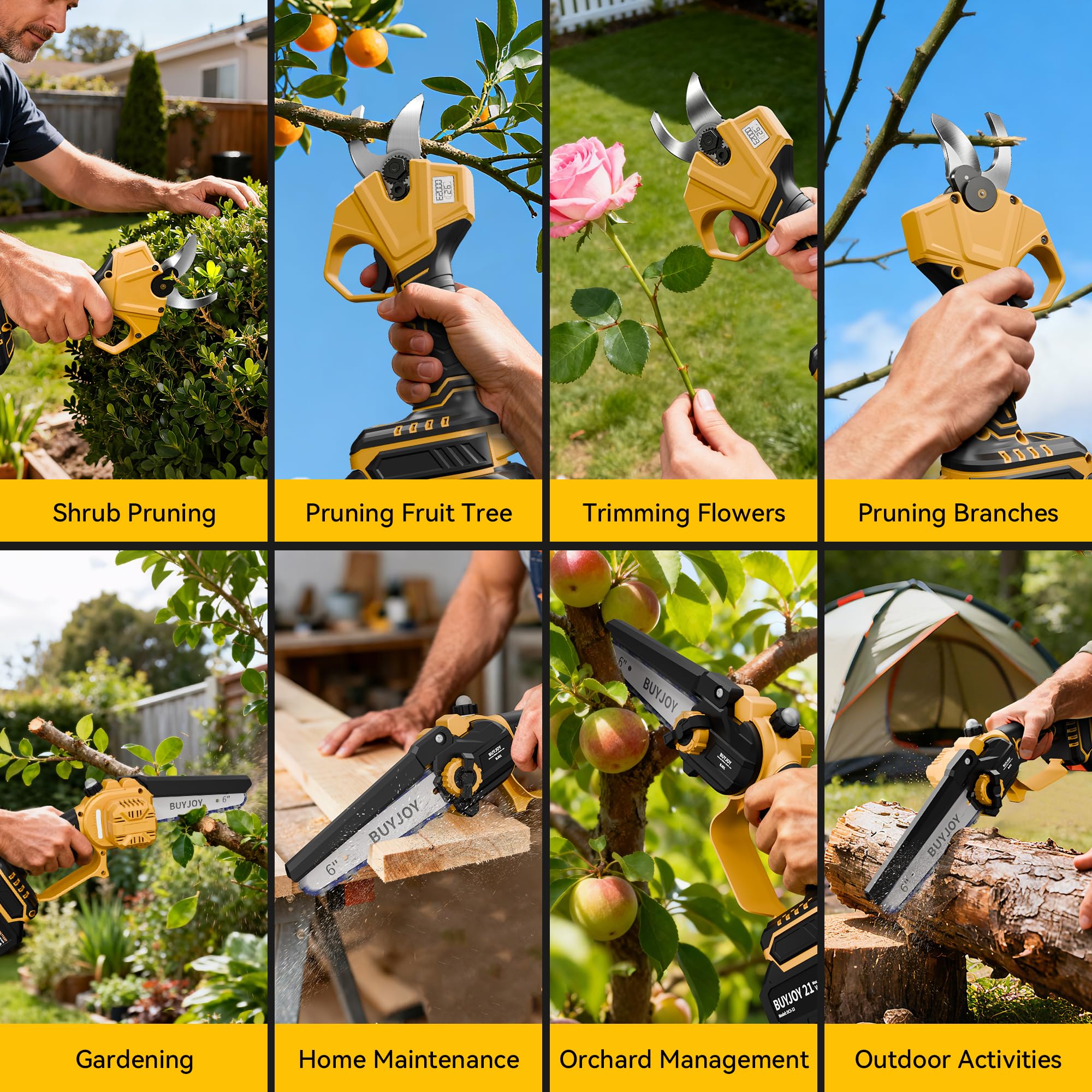BuyJoy lifestyle garden scene with user trimming orchard trees for yard care