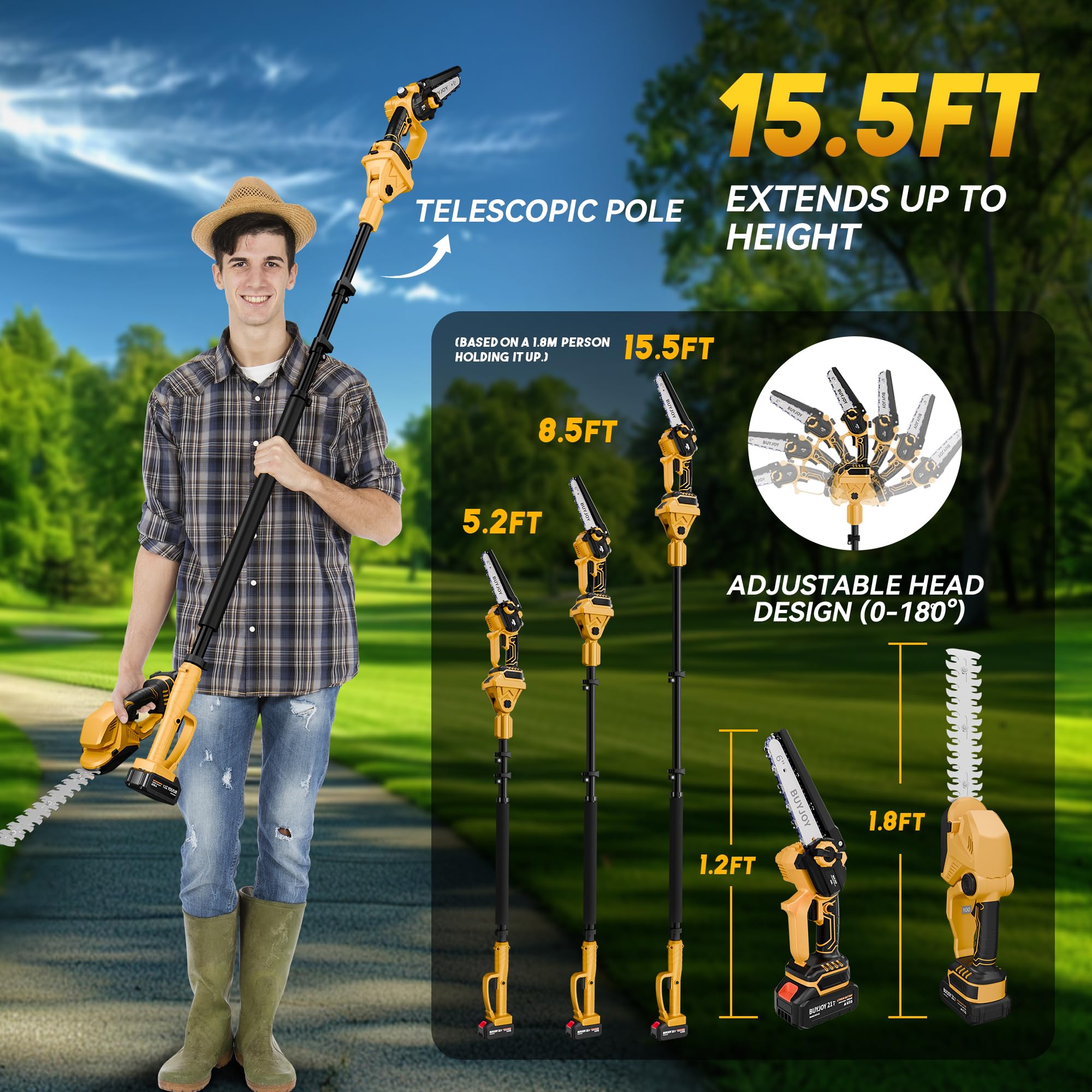 BuyJoy gardener using the combo kit in yard showing efficient multi-task yard work