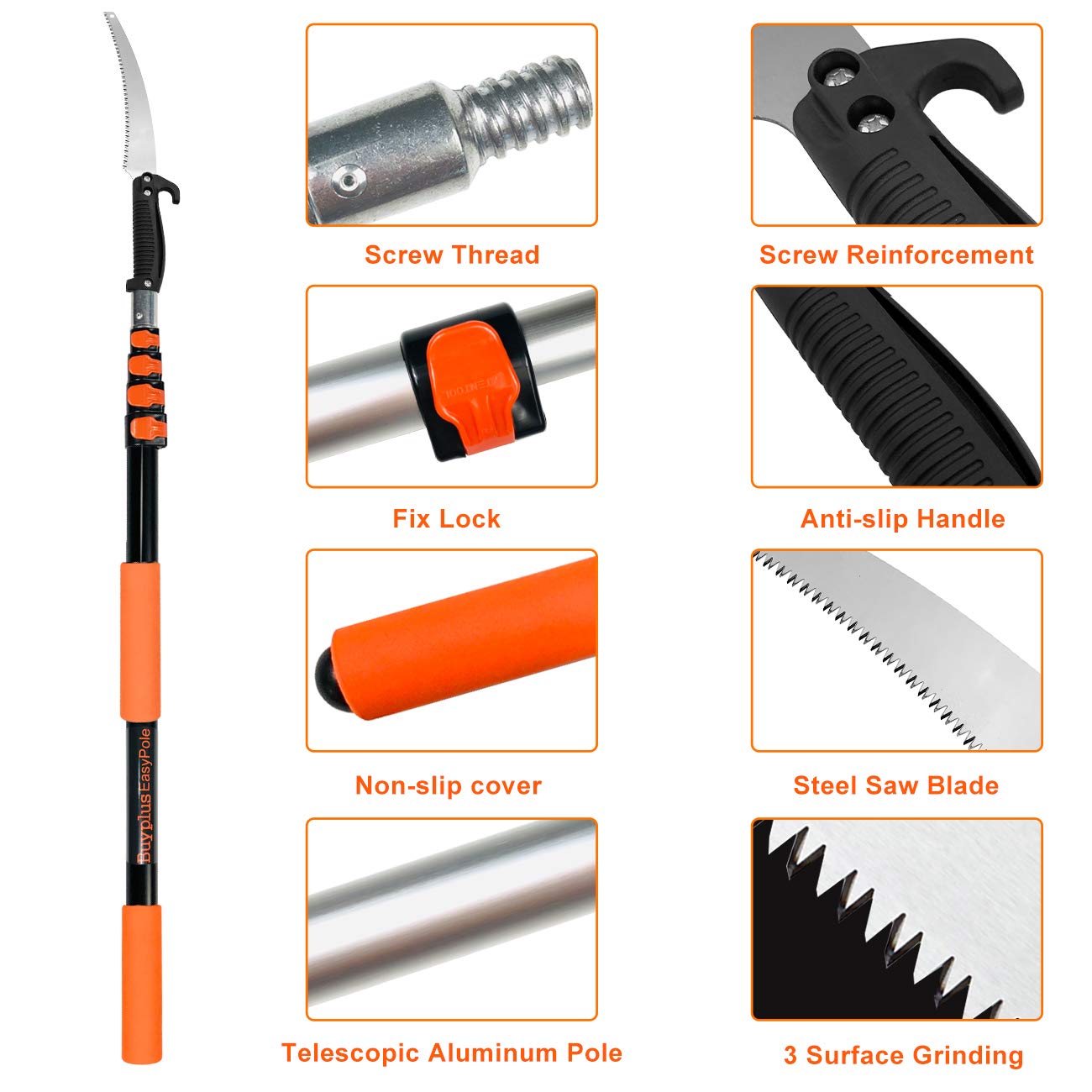 Buyplus telescoping pole fully extended demonstrating safer high-reach trimming