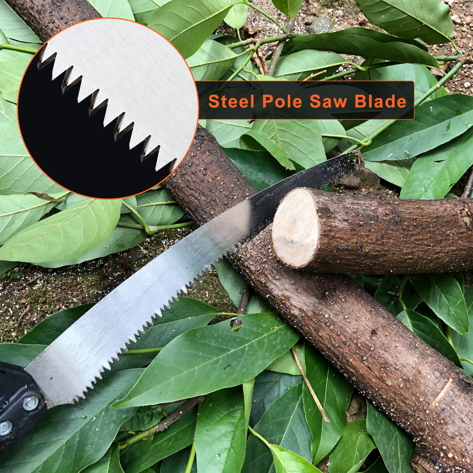 Buyplus pole saw cutting a tree branch highlighting easier, ladder-free pruning