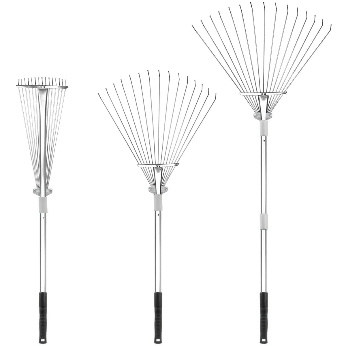 Buyplus rake front view showing compact folded design and storage benefit