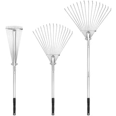 Buyplus rake front view showing compact folded design and storage benefit