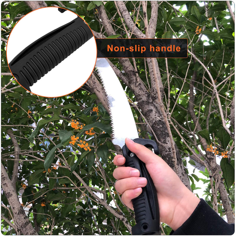 Buyplus pole saw leaning beside house showing compact storage and length range