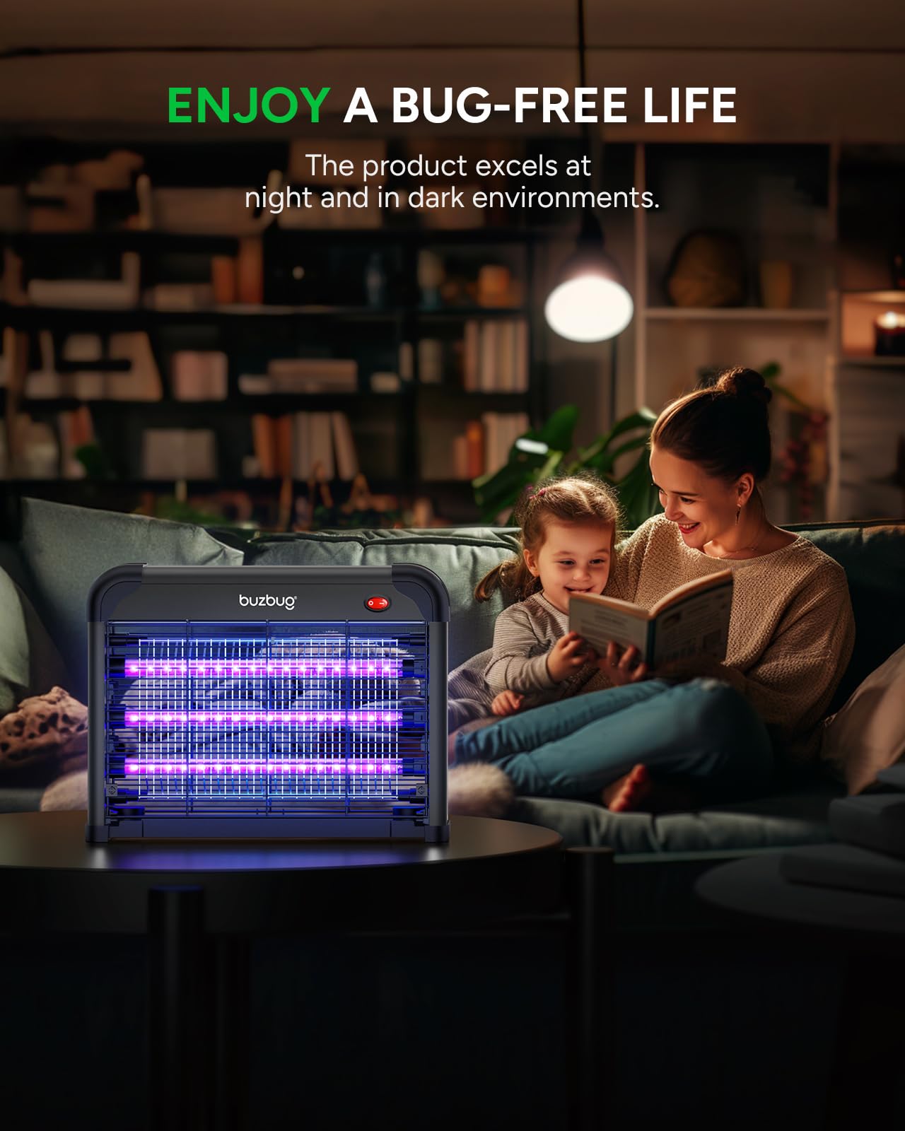 Buzbug placed in a kitchen setting demonstrating quiet indoor pest control