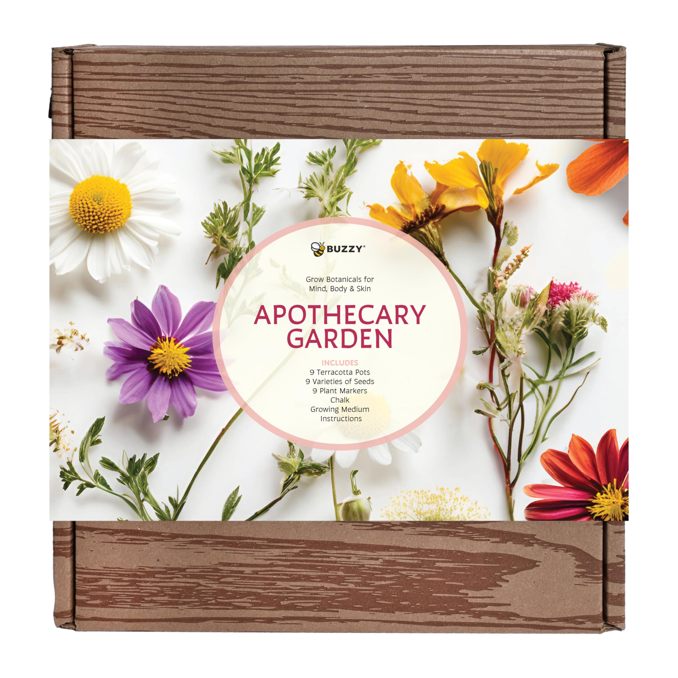Buzzy front packaging of the apothecary garden kit showing contents and benefits