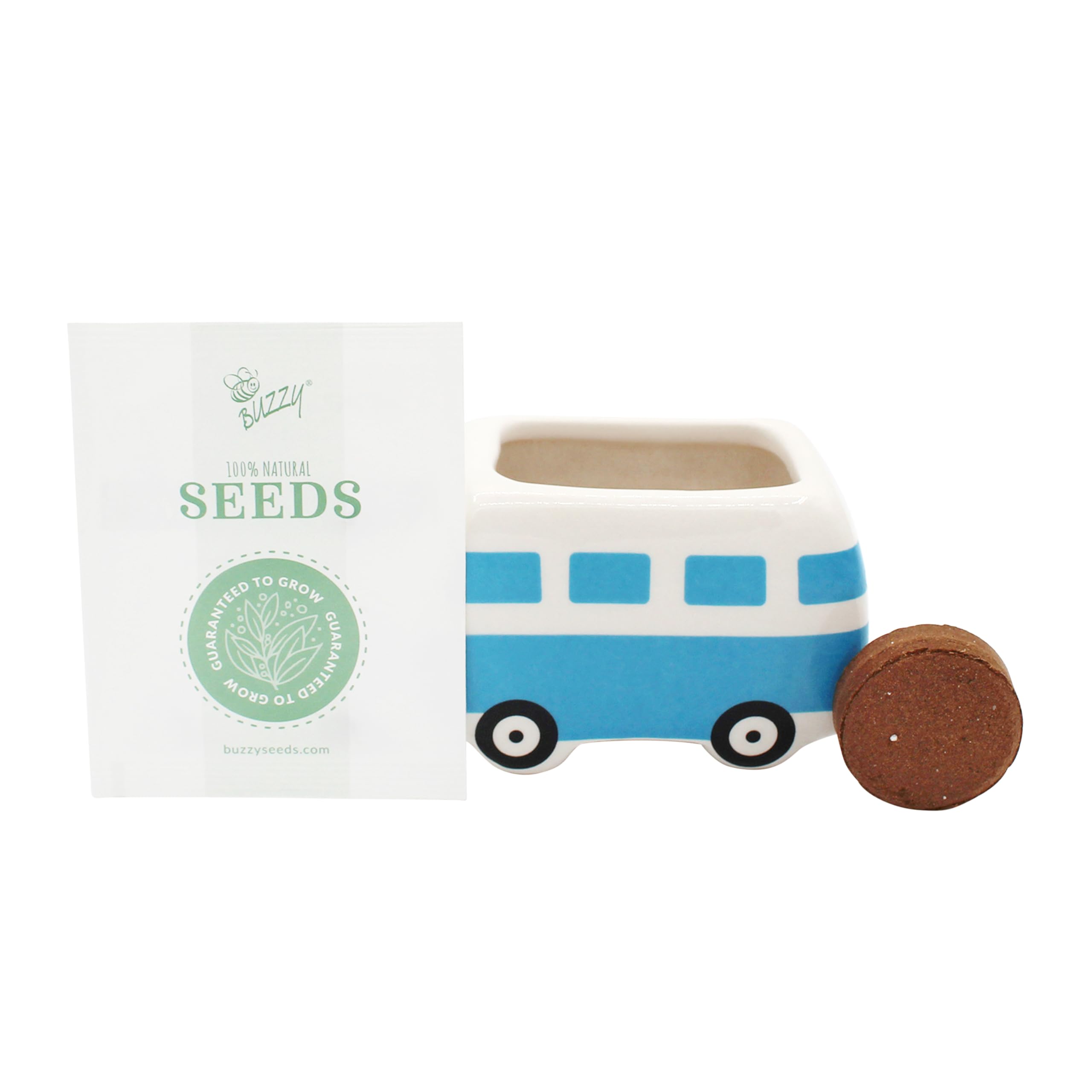 BUZZY planter label and ceramic texture detail showing premium finish