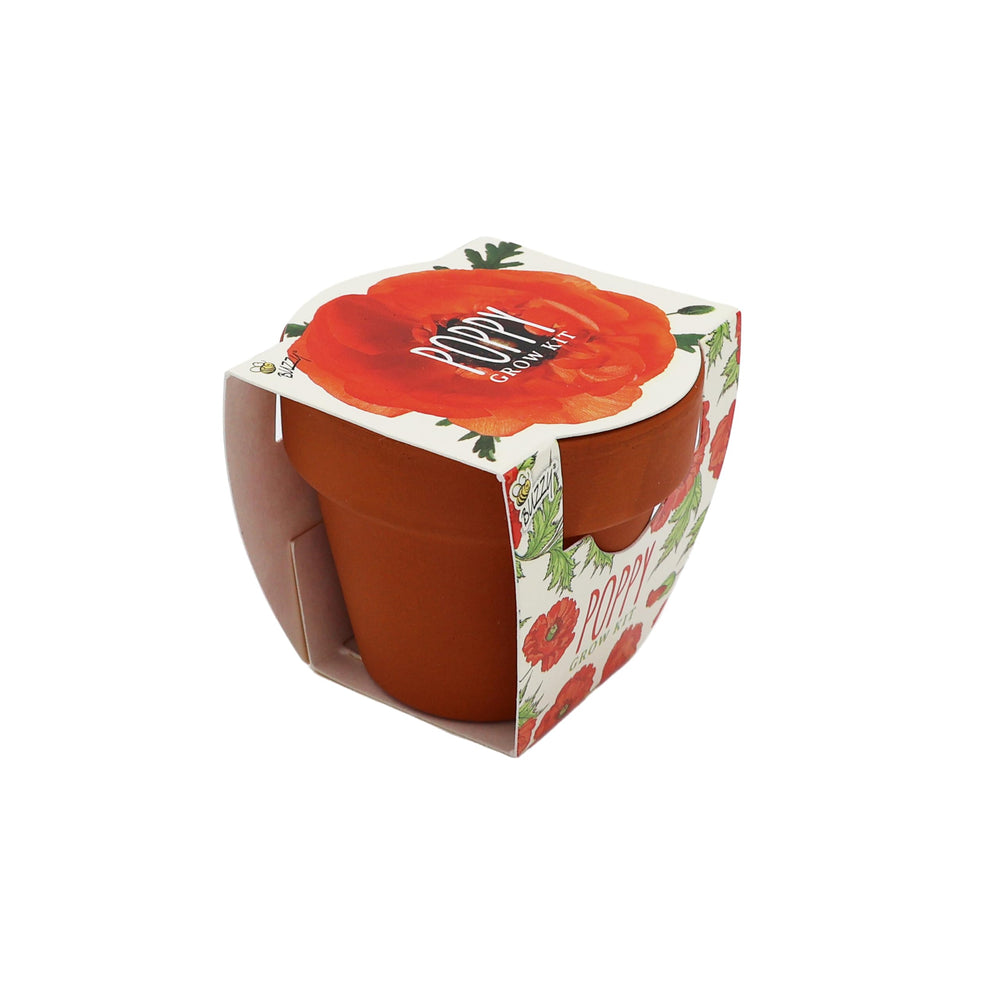 BUZZY wedding favor display of potted poppies offering memorable keepsakes