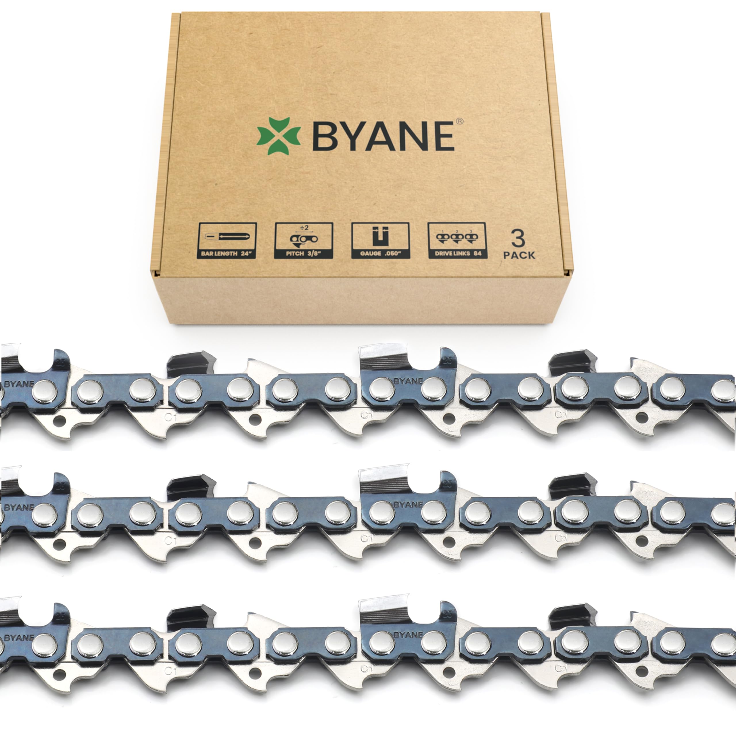 BYANE front packaging showing three 24-inch chains and specifications, clear fit benefit