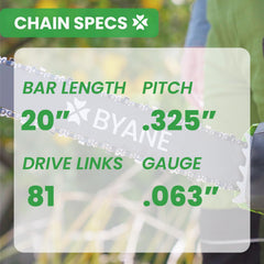 BYANE chain mounted on a 20 inch bar demonstrating fit and smooth cutting action