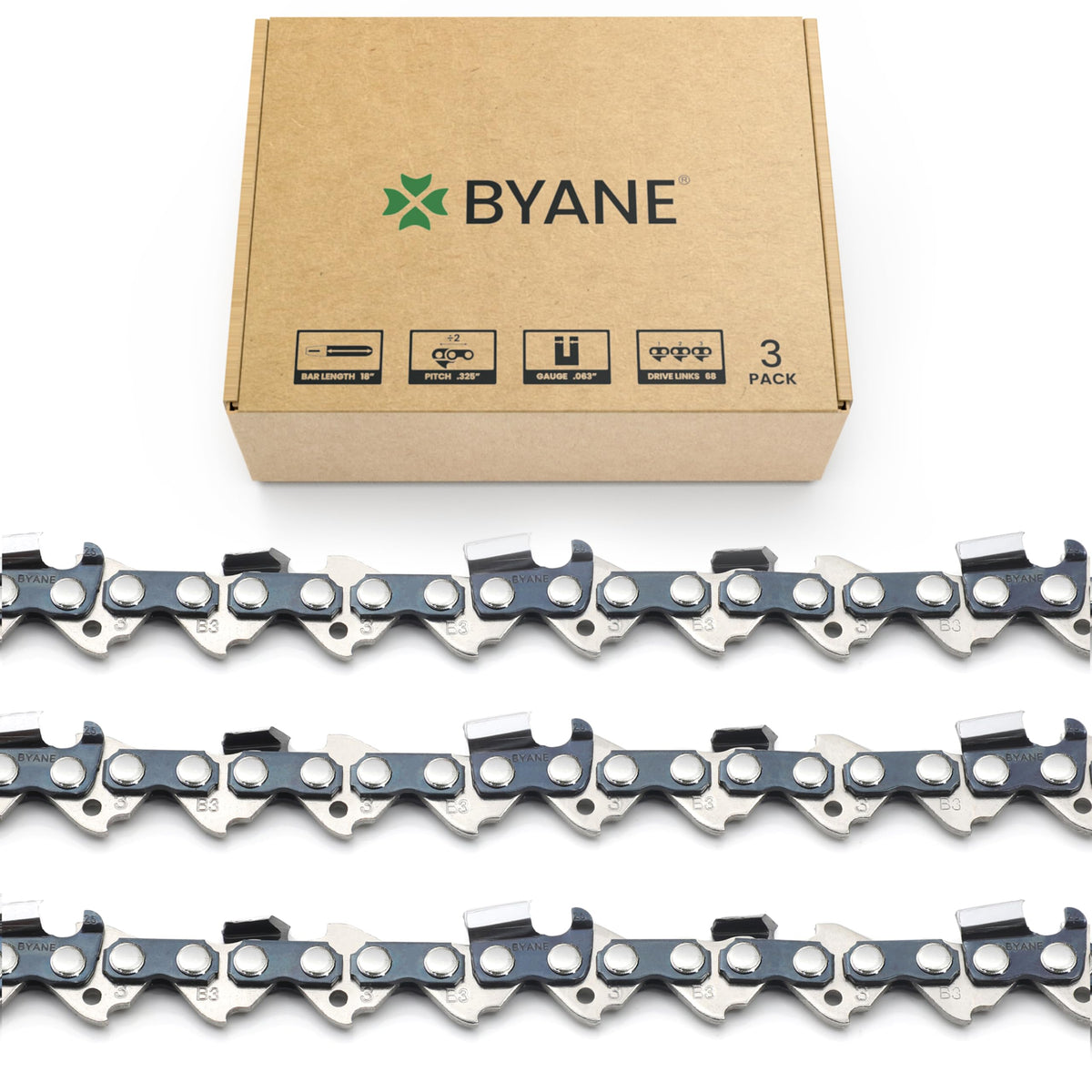 BYANE chainsaw chain front packaging showing model and benefits