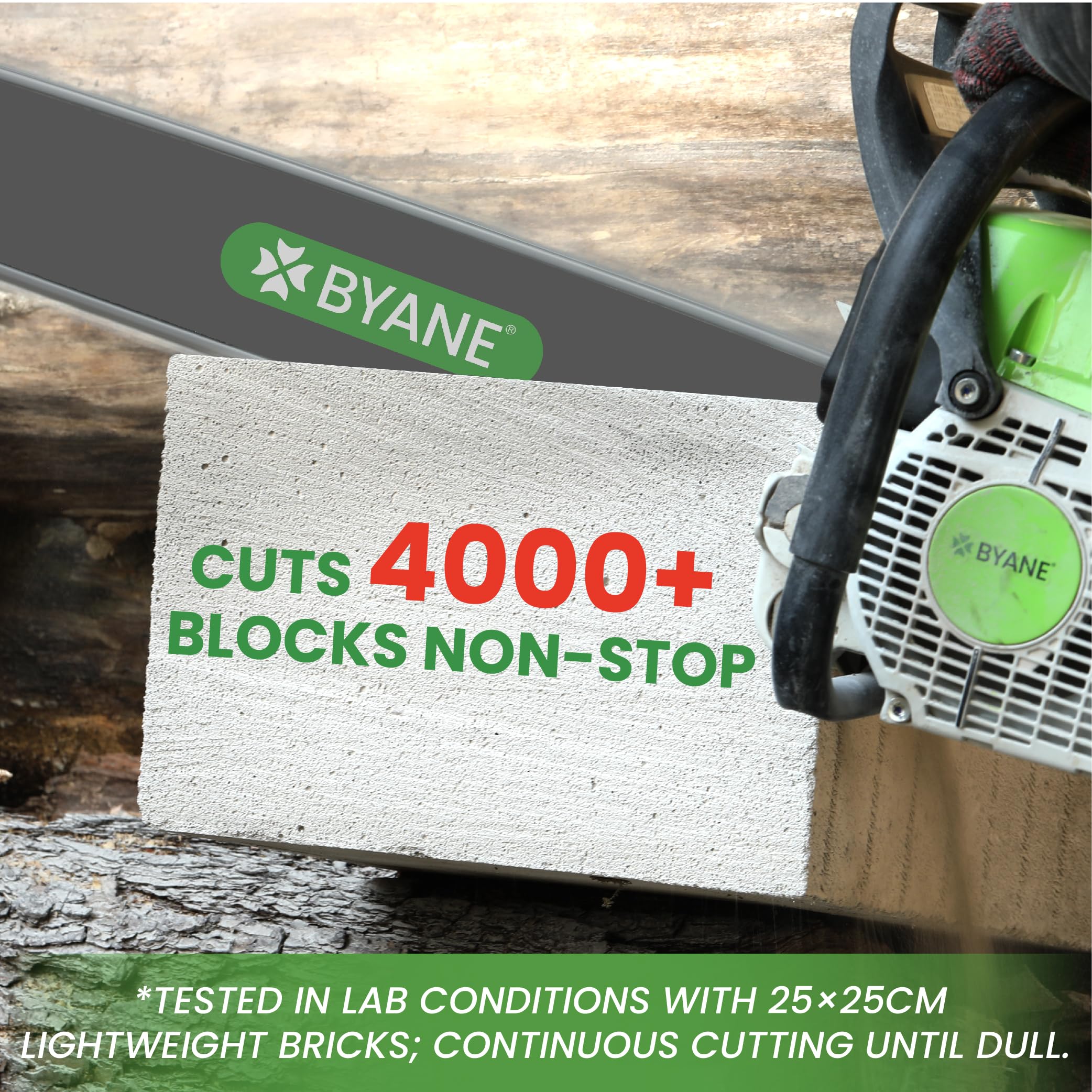 Byane chain cutting a frozen log demonstrating performance in harsh conditions