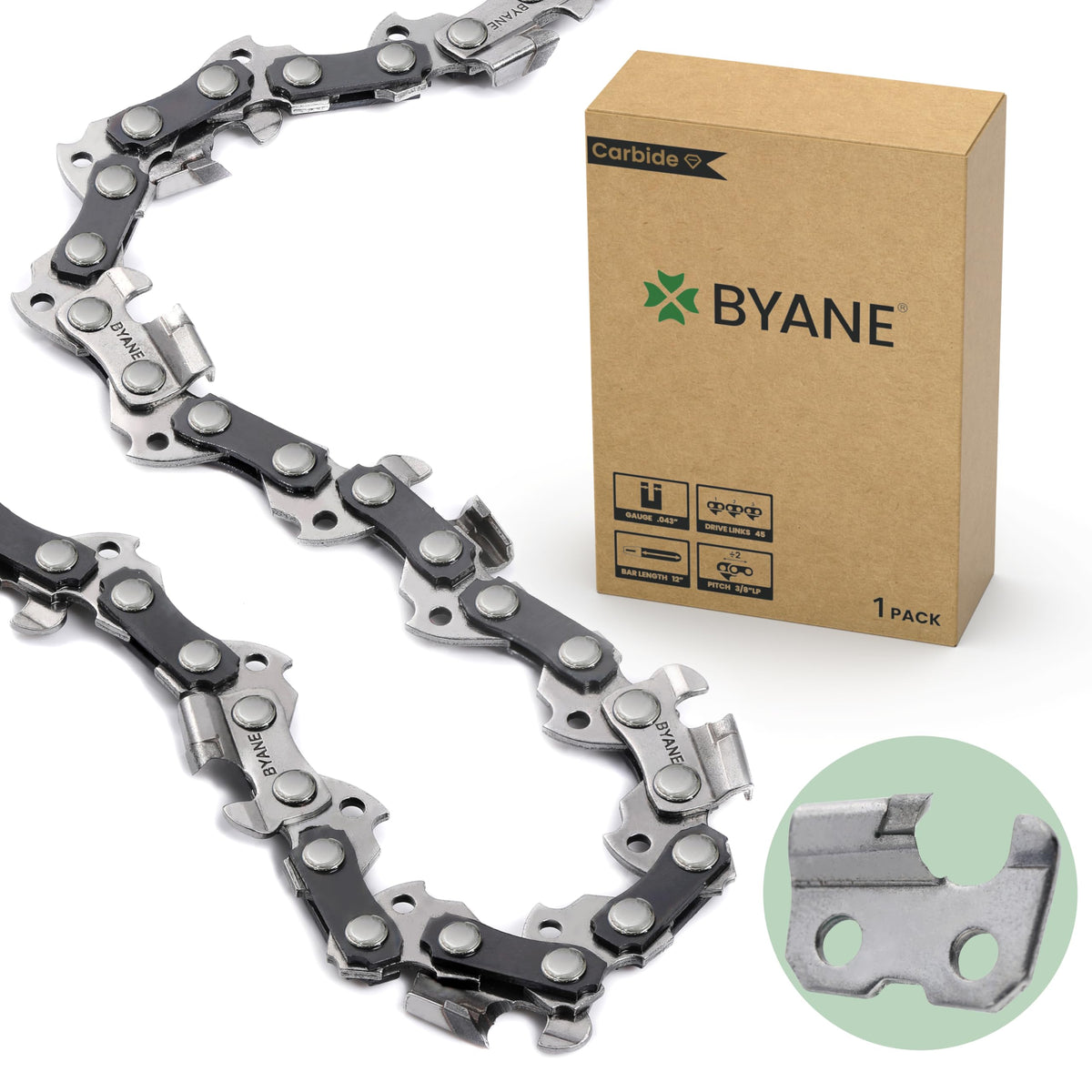 BYANE front packaging showing 12-inch chain and features for long life