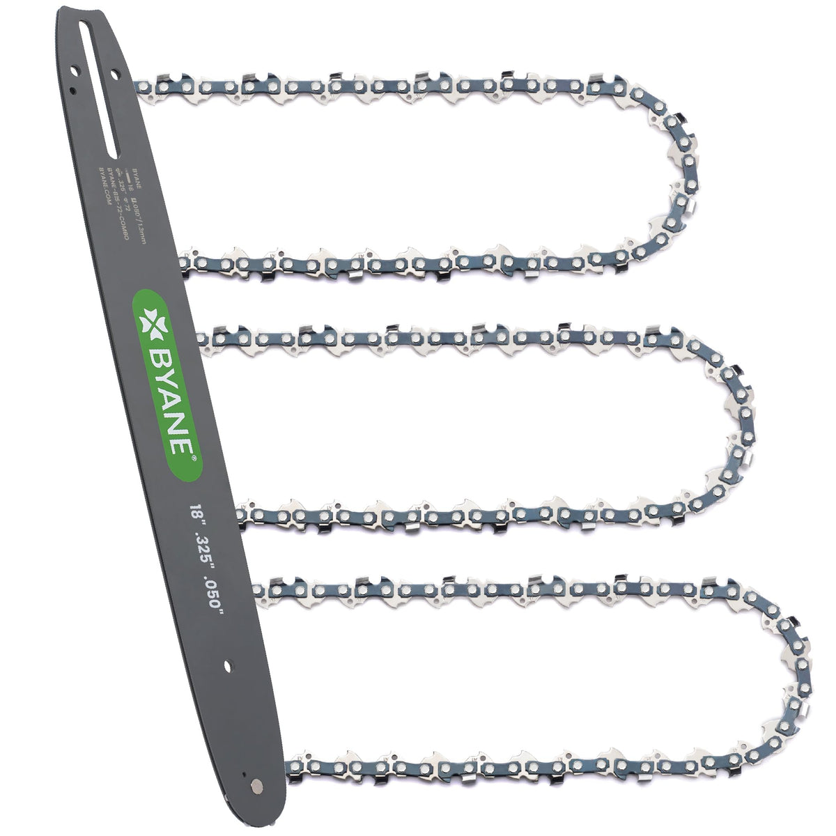 Byane front packaging showing 18-inch bar and three chains, ready replacement