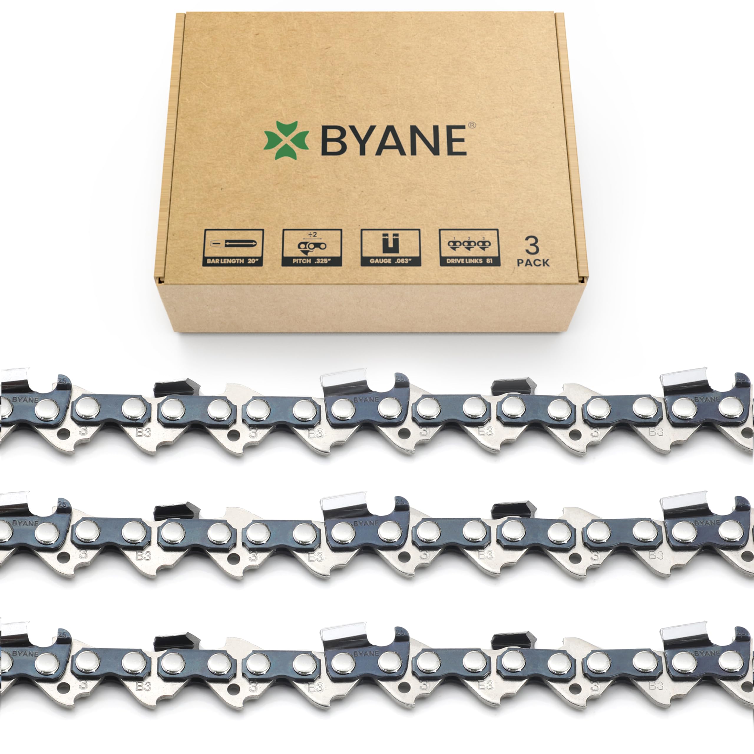 BYANE front packaging of 20 inch chain showing specs and benefit of clear labeling