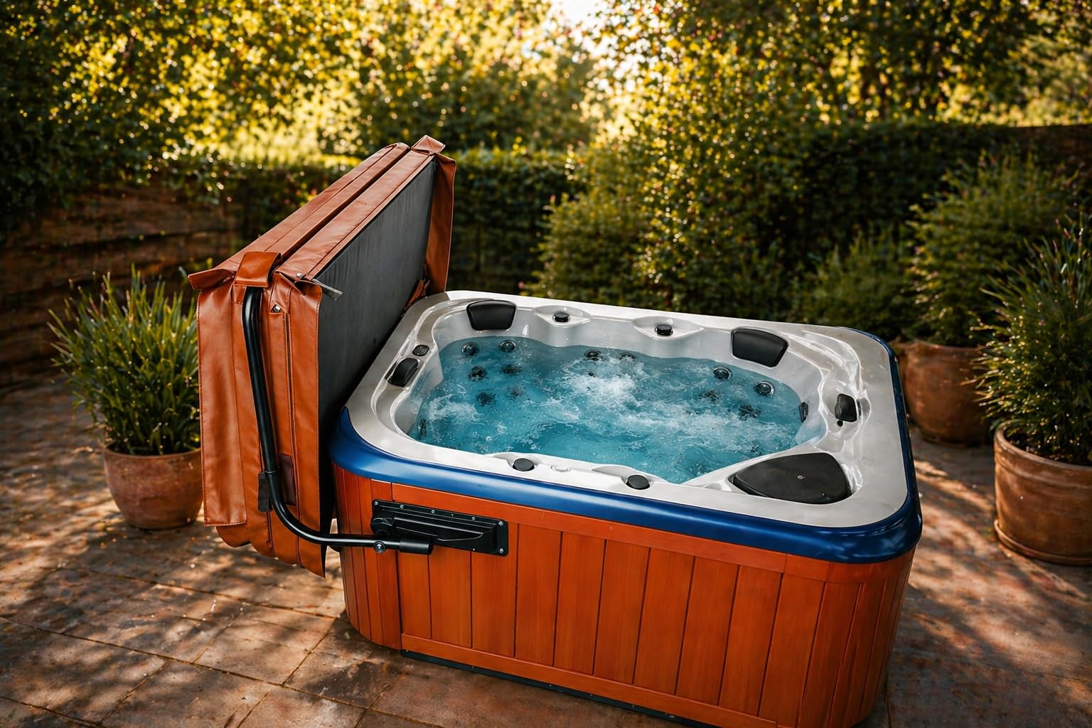 Byers Choice lifestyle image of evening patio spa with lifter showing attractive, space-saving solution