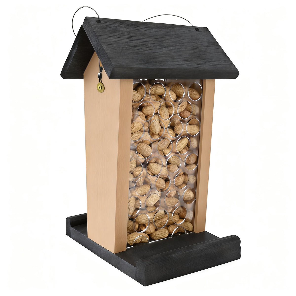 BYGIXU front view of wooden peanut feeder showing sturdy design and clear bird access