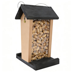 BYGIXU front view of wooden peanut feeder showing sturdy design and clear bird access