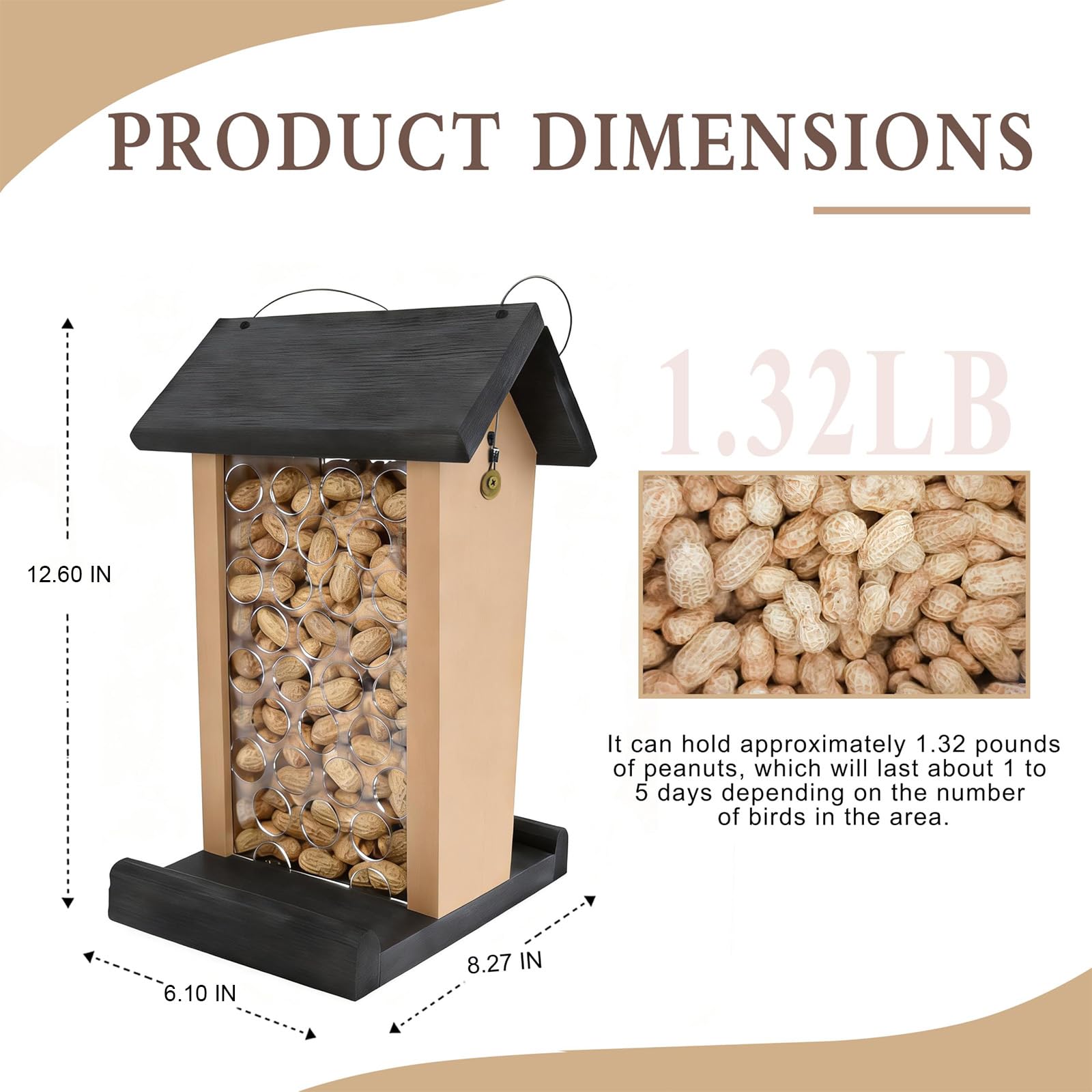 BYGIXU feeder beside a ruler showing dimensions and capacity for in-shell peanuts