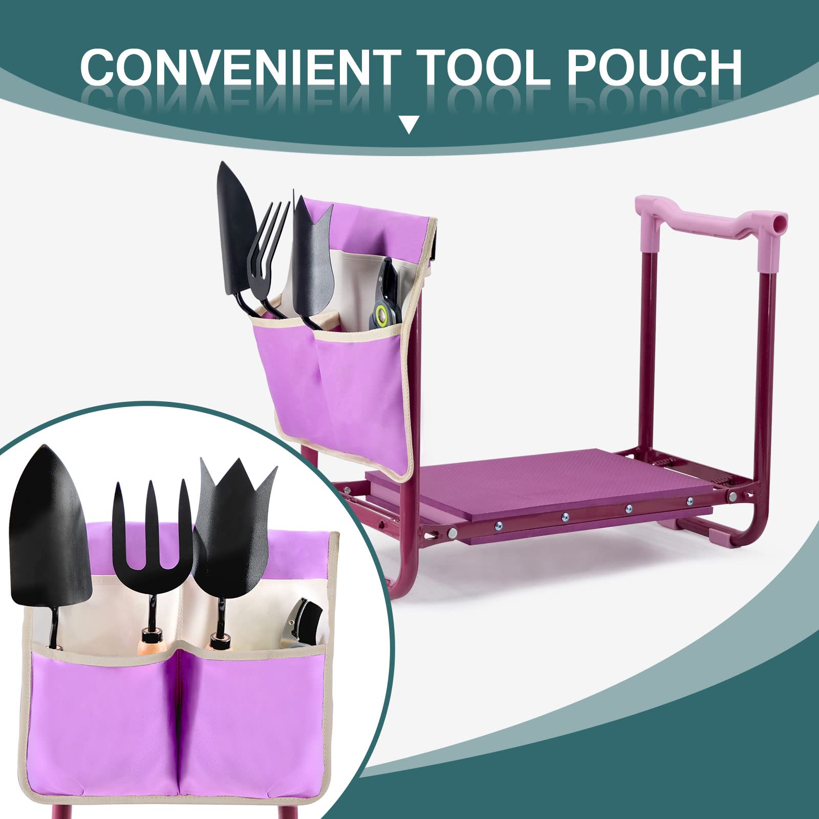 Byhagern gardener using seat in flower bed reducing bending effort