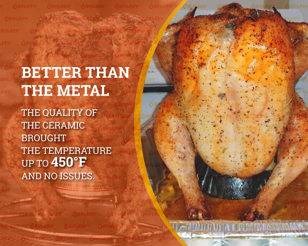 BYLEEY chicken mounted on roaster inside kamado showing secure vertical cooking and even heat