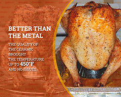 BYLEEY chicken mounted on roaster inside kamado showing secure vertical cooking and even heat