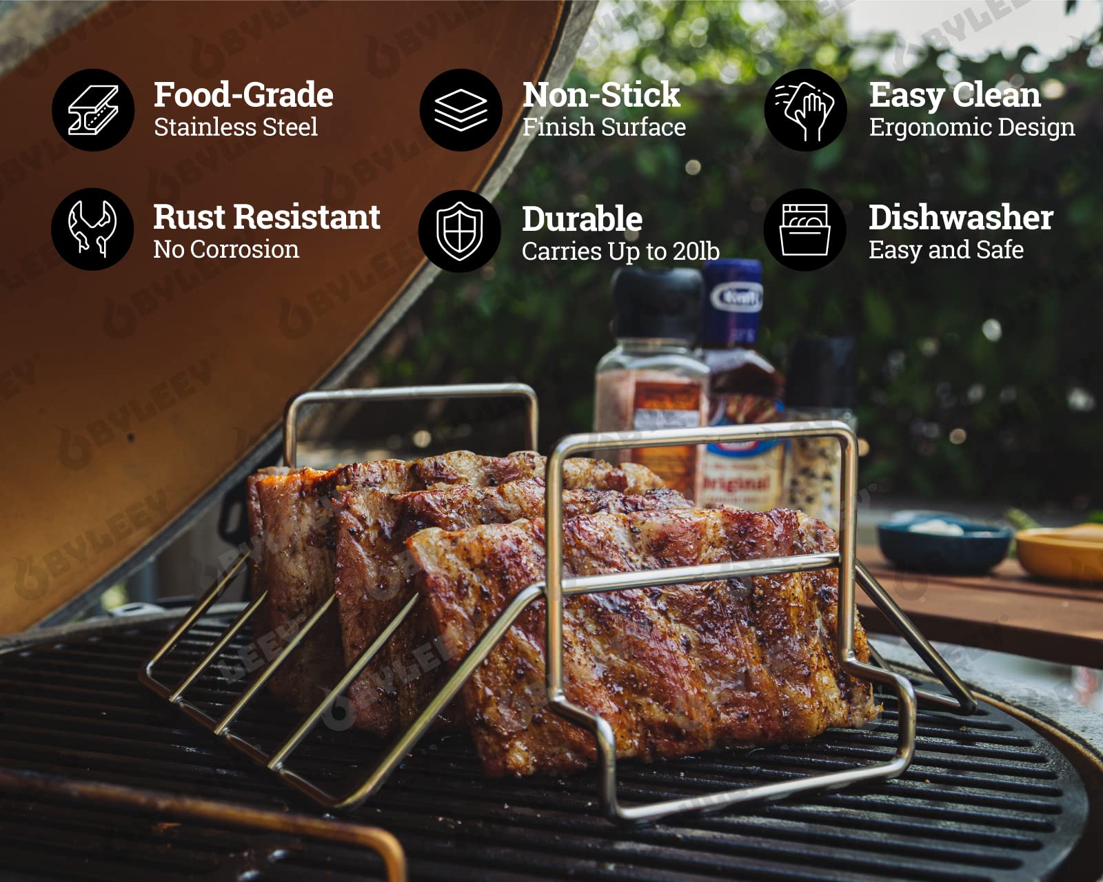 BYLEEY close-up of thick stainless steel bars highlighting durability and heat resistance