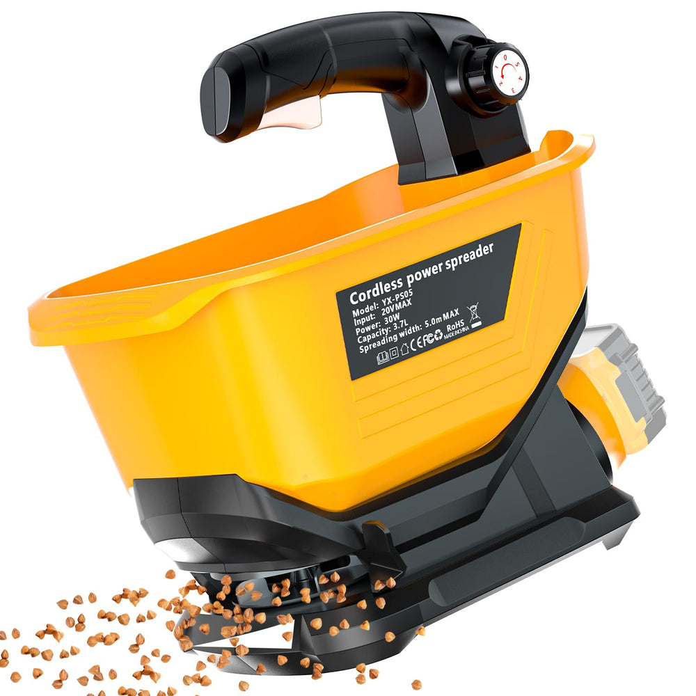 Byutrcfuy front view showing hopper and ergonomic handle for faster spreading