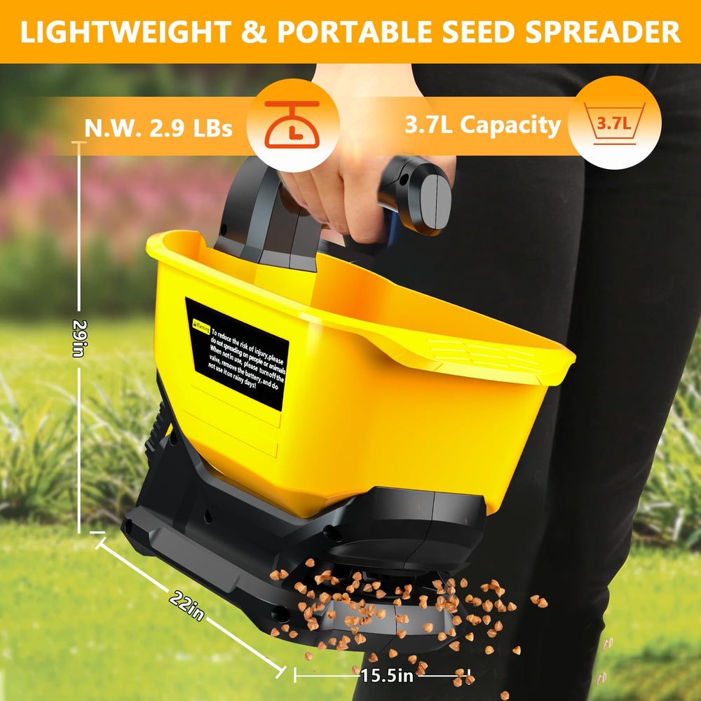 Byutrcfuy handheld spreader in use applying seed for even lawn coverage