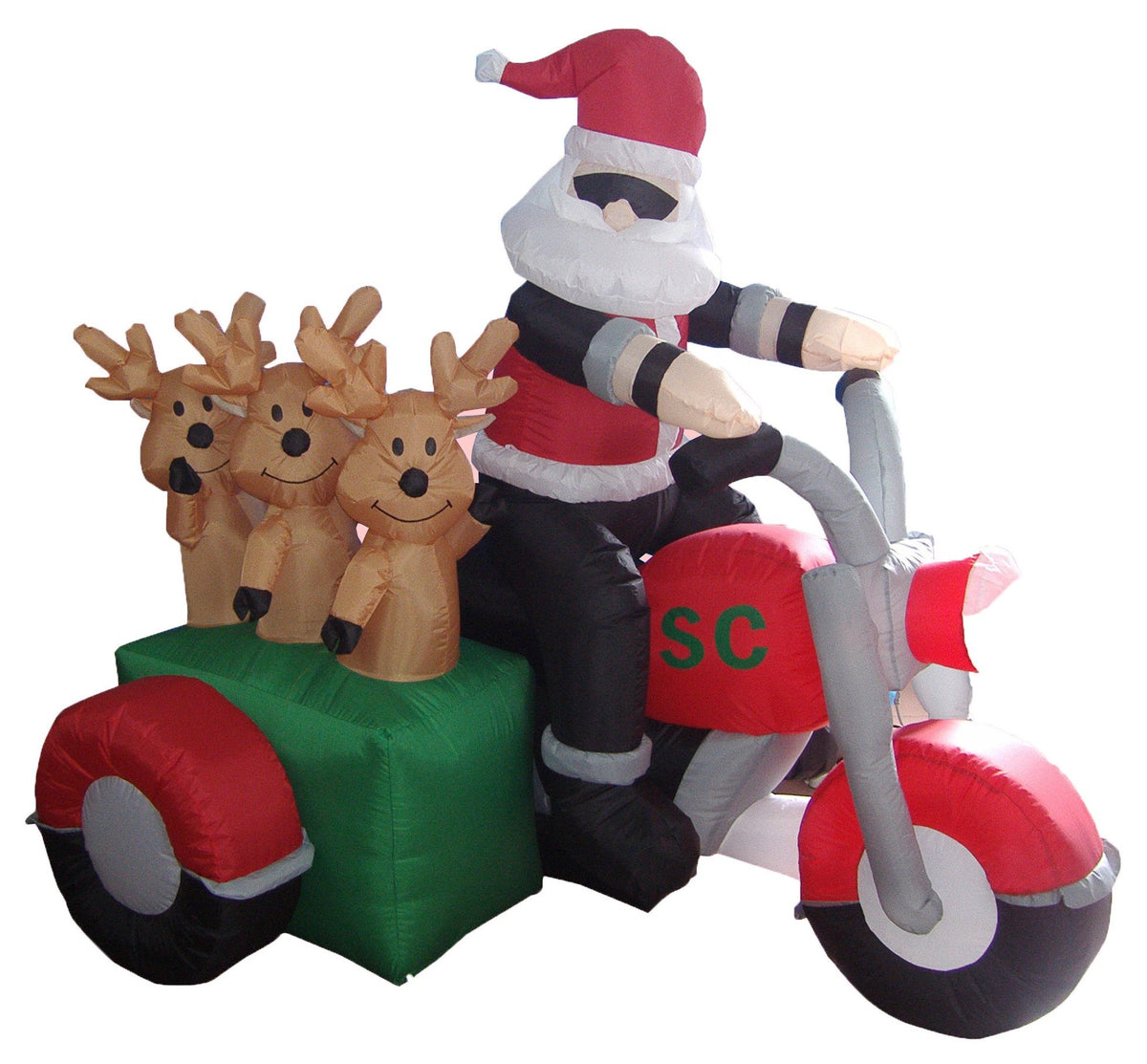 BZB Goods front view of inflatable display showing Santa and three reindeer, high visibility