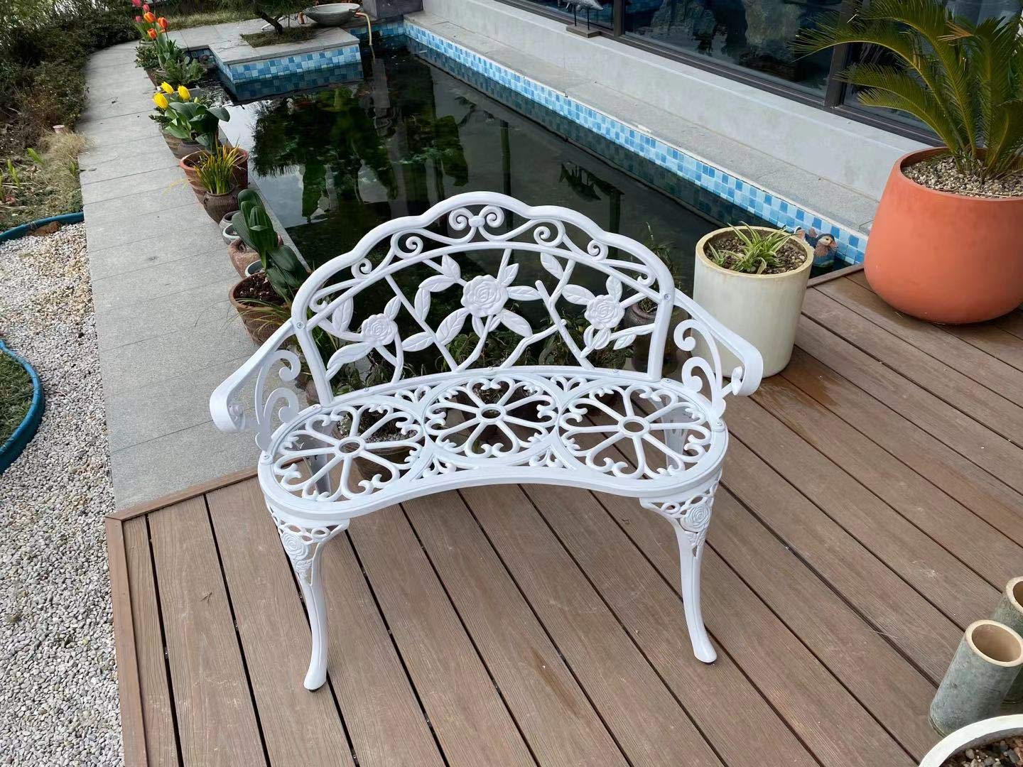 C/G patio casa bench staged on balcony shows practical two-person outdoor seating