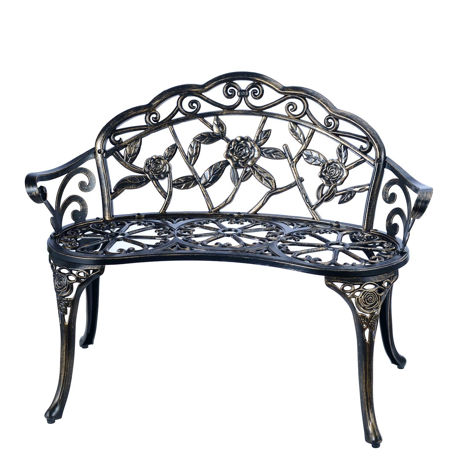C/G patio casa front view of copper bench showing elegant two-seat benefit