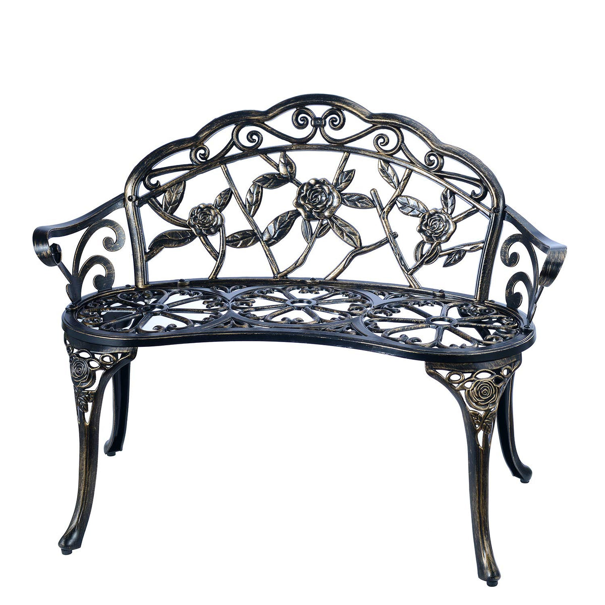 C/G patio casa front view of copper bench showing elegant two-seat benefit