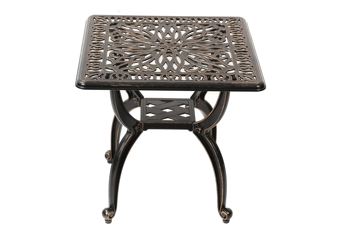 C/G patio casa front view of copper side table showing stable curved legs and ornate look
