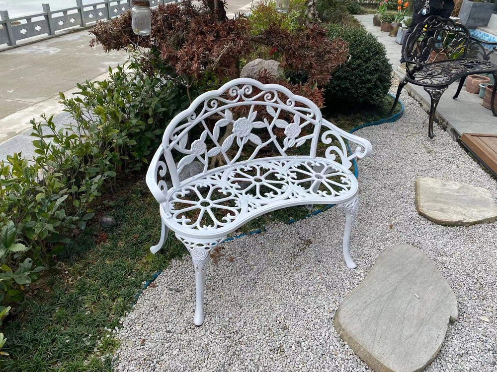 C/G patio casa bench beside chair illustrates compact footprint and space planning