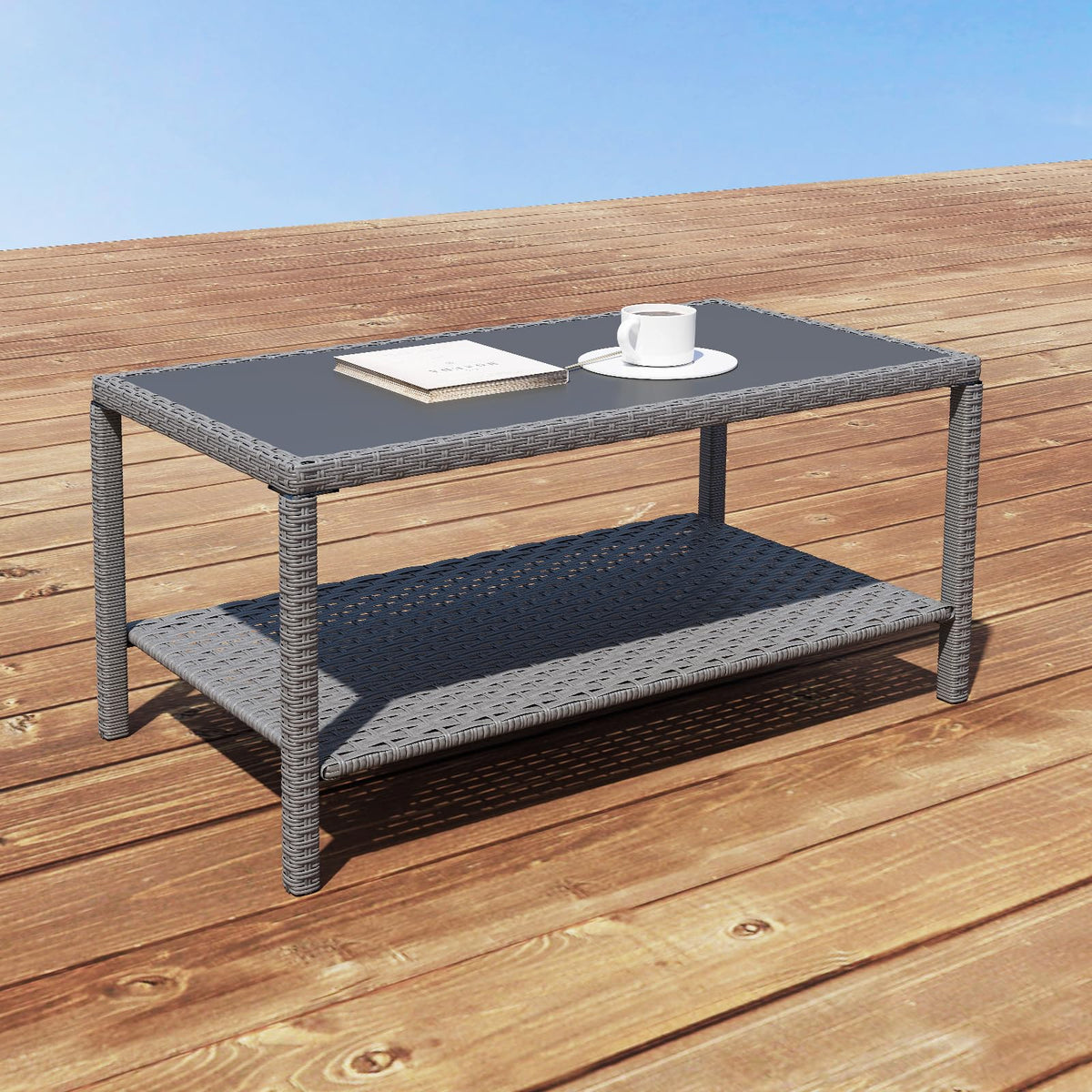 C-Hopetree front view of gray rectangular wicker table showing compact outdoor surface and style