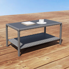 C-Hopetree front view of gray rectangular wicker table showing compact outdoor surface and style